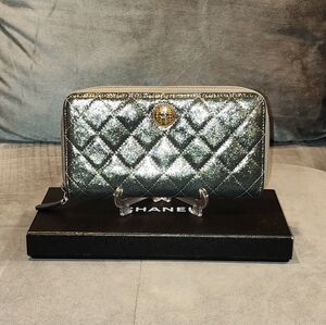 EUC Chanel Iridescent Calfskin Quilted Tartan Button Zip Around Long Wallet